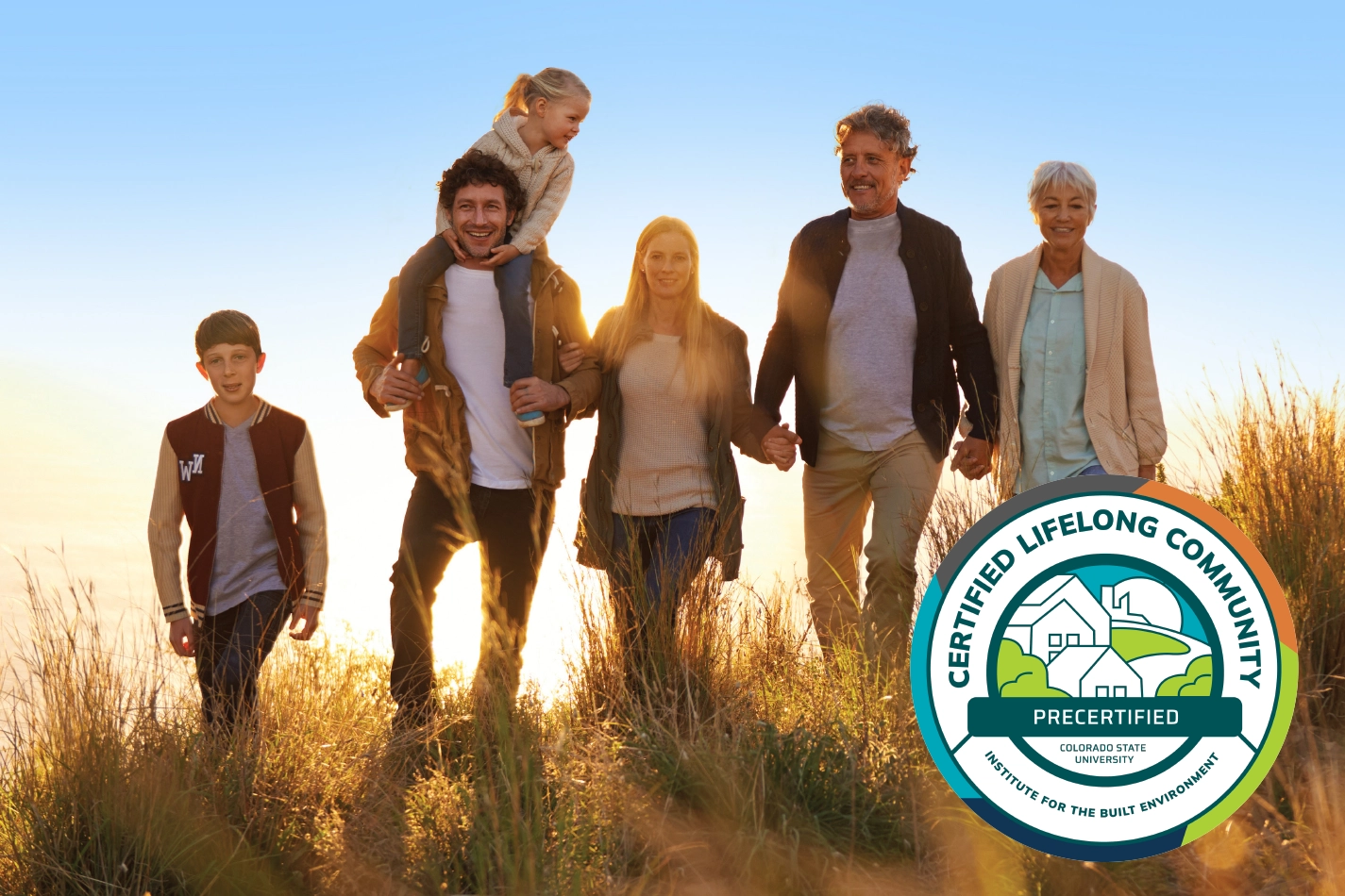 Multi-generational family walking through open space as Sonders Fort Collins is nation's first Lifelong Community